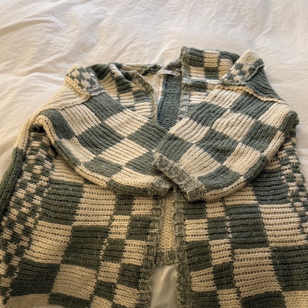 Altar’s State oversized Green and Cream Checkered Knit Cardigan- M